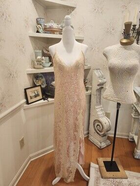 Nelly Blush Pink Sequin Maxi Dress Lace Slip Dress Wedding Guest Formal Gown XS